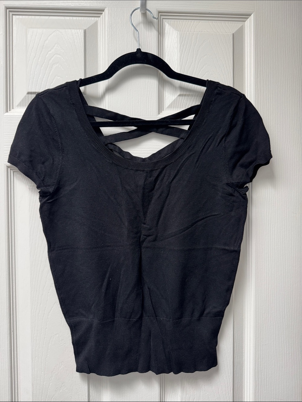 White House Black Market Black Short Sleeve Top with Crisscross Back